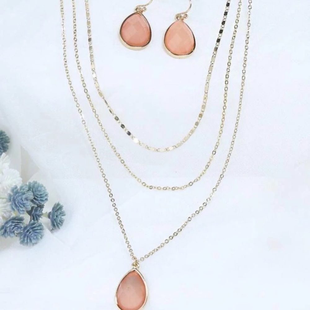 Gold Layered Pink Tear Drop Pendant & Matching Earrings